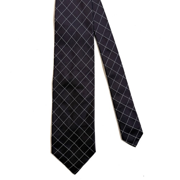 Giorgio Armani Mens Dark Grey White Grid Silk Neck Tie W: 3.5" L: 60" - Picture 2 of 6